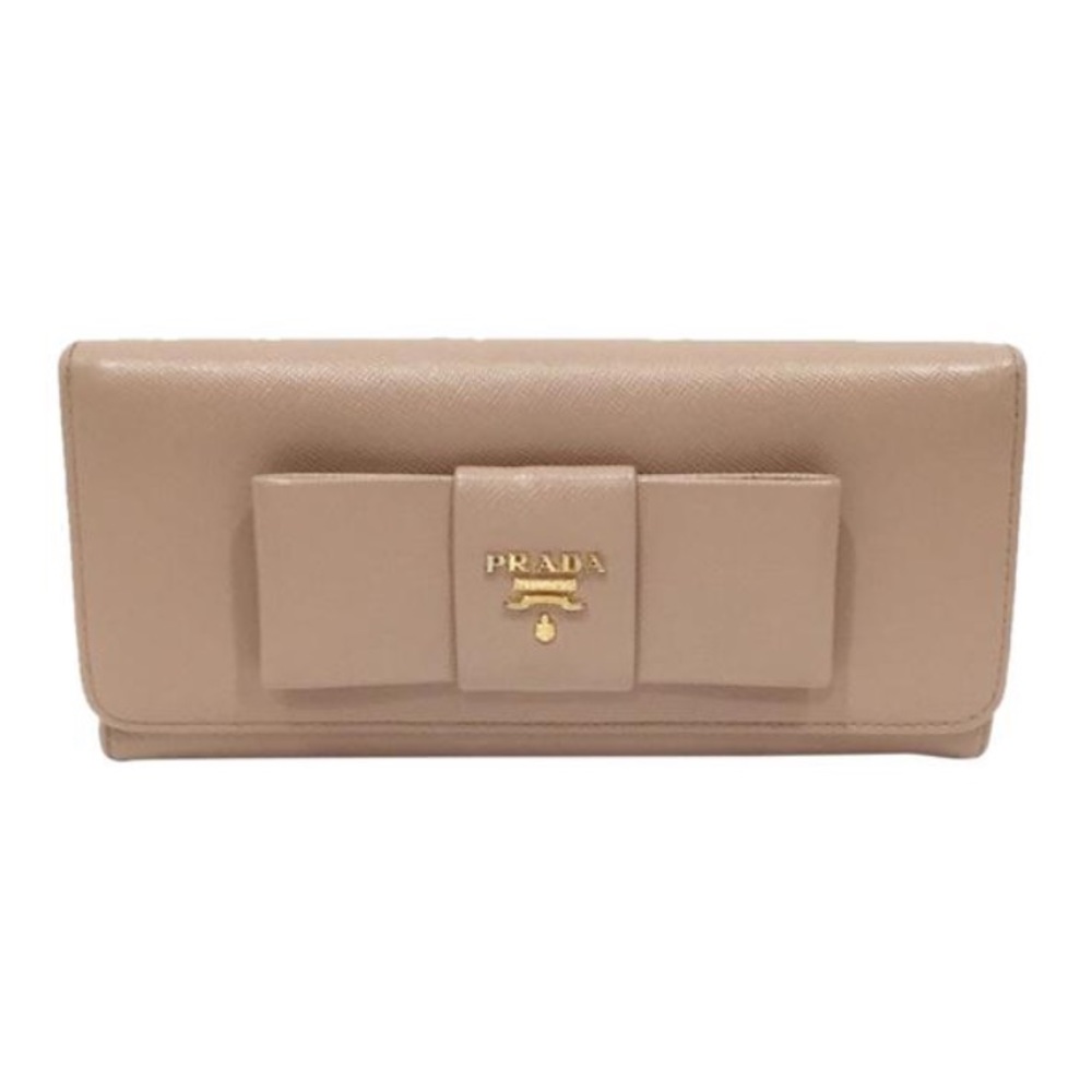 Prada beige saffiano leather bow long snap wallet